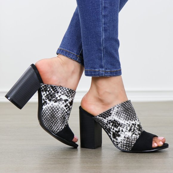 Snake Print Open Toe Slip on Chunky High Heel - Picture 6 of 7